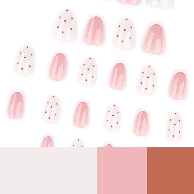 French Press On Nails Short Almond, Cute Nude Pink Fake Nails with White French Tip & Brown Dot Detail, Glossy Gel Finish Acrylic Nails, Reusable Glue On Nails Kit for Women, 24Pcs