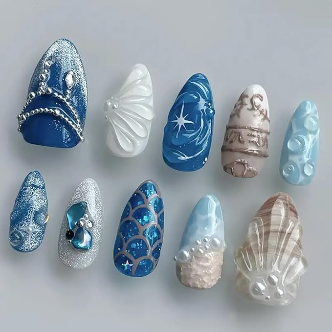 10Pcs Summer Beach Press on Nails Medium Almond Blue Fake Nails Shell with Pearl Rhinestones Glitter Full Cover Glue on Nail Artificial Reusable Ocean False Nails for Women Acrylic Manicure Salon Tips