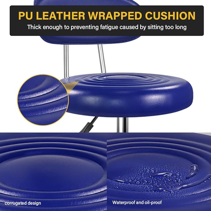 Rolling Stool with Wheels Swivel Stool with Back Height Adjustable Chair Ideal for SPA Salon Home Office Drafting Work (Blue)