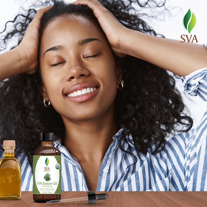 SVA Fir Balsam Essential Oil Organic – 4 Fl Oz – 100% Natural Organic Fir Oil - for Diffuser, Hair Care, Face, Skin Care, Aromatherapy, Scalp and Body Massage, Soap and Candle Making – with Dropper