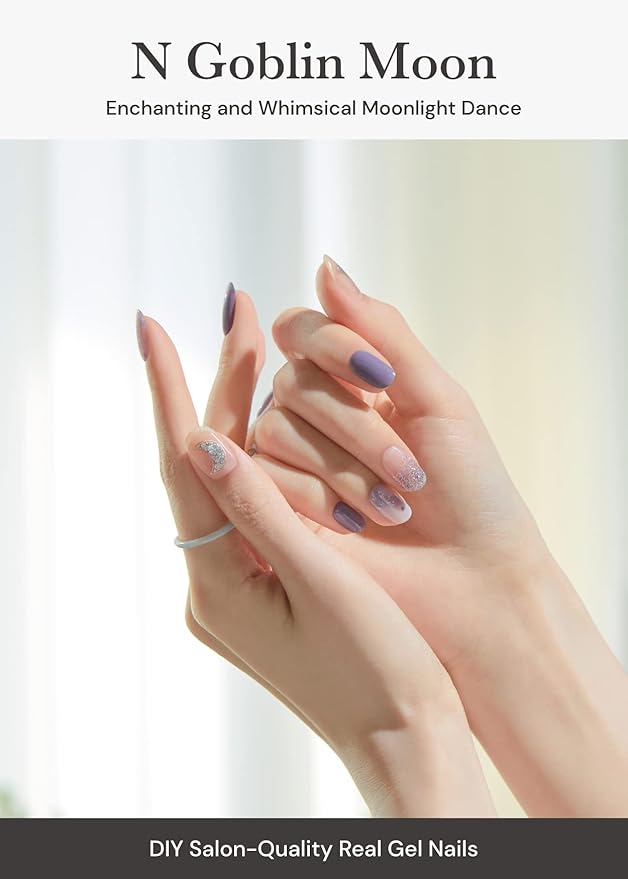ohora Semi Cured Gel Nail Strips (N Goblin Moon) - Purple, Patterned, Works with Any UV/LED Lamps, Salon-Quality, Long Lasting, Easy to Apply & Remove - Includes 2 Prep Pads, Nail File & Wooden Stick