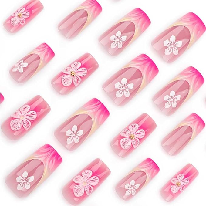 French Press on Nails Medium Long Pink Fake Nails Square Bling Glossy 3D Flower Design False Nail Tips Artificial Nails Finger Manicure for Women and Girls-24pcs