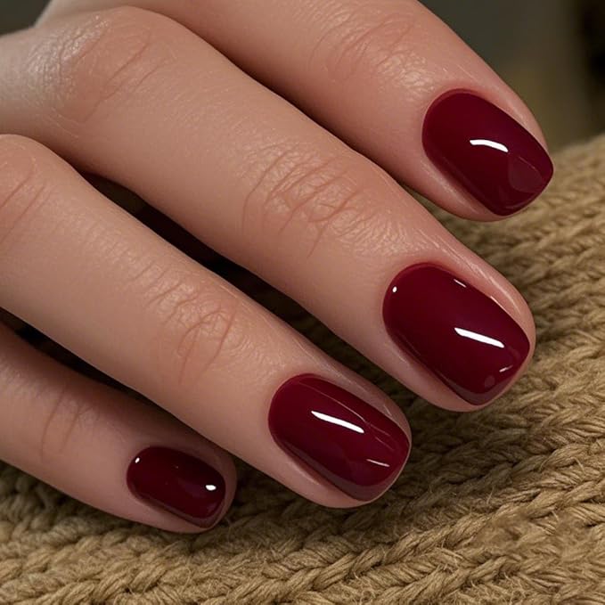 GLAMERMAID Extra Short Press on Nails 24PCS, Handmade Gothic Burgundy red Jelly Fall Gel Glue on Nails, Glossy Round Reusable UV Finish Fake Nails Acrylic False Nails Manicure Kits for Women