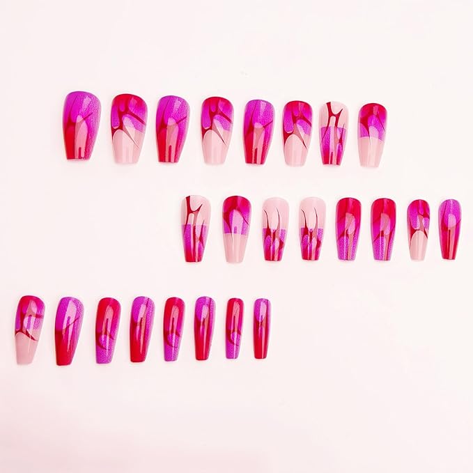 Coffin Press on Nails Medium Fake Nails with Red Lines Designs Gradient Glue on Nails Red Pink Nails Press ons French Tip False Nails Acrylic Artificial Stick on Nails for Women 24Pcs