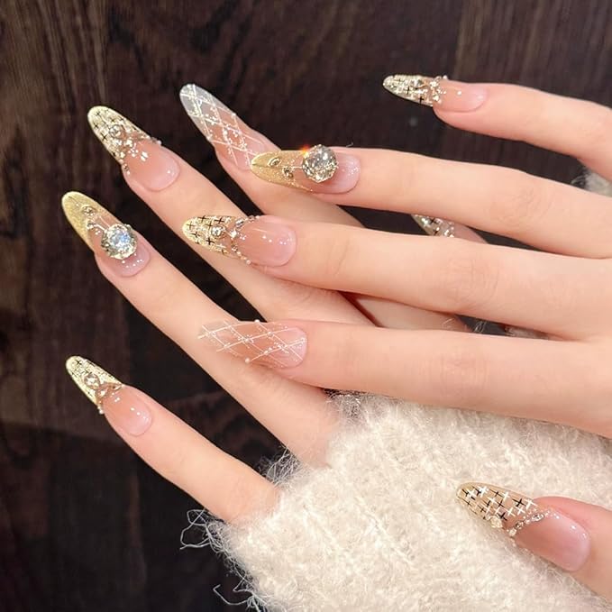 Handmade Press on Nails Long Stiletto Fake Nails French Tip with 3D luxury Rhinestones Designs Gold Glitter Cute Acrylic Nails for Women 10pcs (Size M）