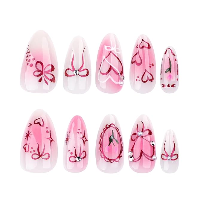 3D Handmade Spring & Summer Pearl Press On Nails Almond Medium 24 Pcs, Heart Designer Reusable Acrylic Fake Nails with Glue, Wedding and Party, Daily wear Nails fro Women Gift