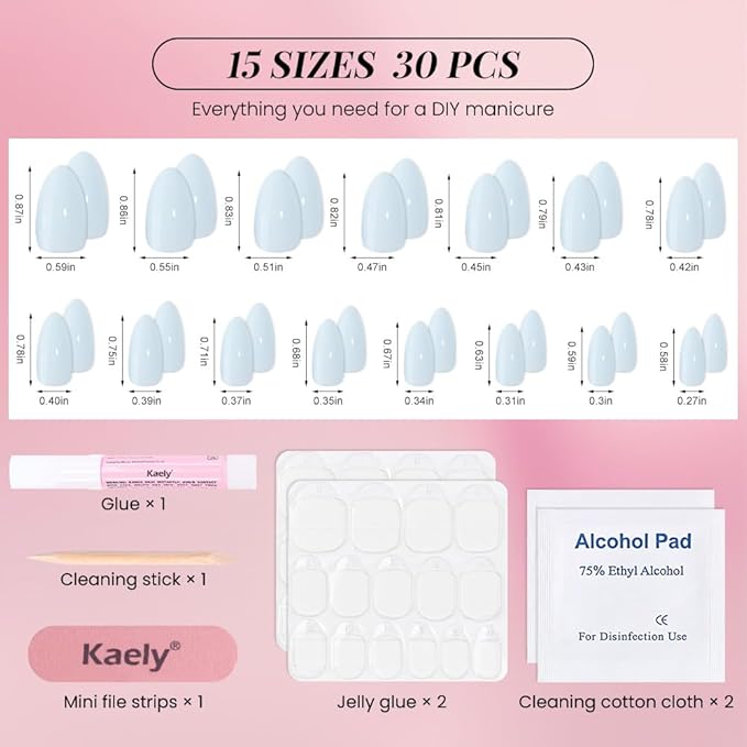 evpct Sky Blue Press on Nails Almond Short, Glossy Short Almond Fake Nails Kit for Women, Soft Gel Press On Nail with Nail Glue, 15 Sizes 30Pcs Reusable Stick on Acrylic Fake False Nail Manicure Set