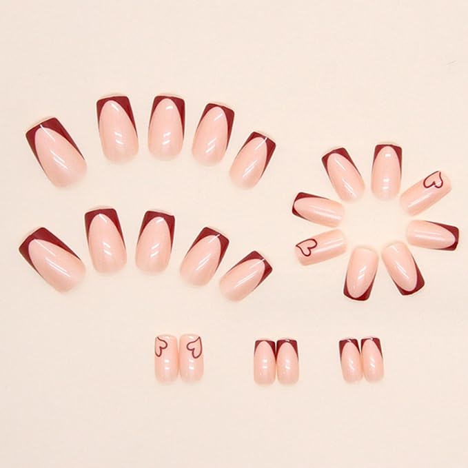 Hkanlre Red Square Press on Nails French Fake Nails Tips Full Cover Heart Medium False Nails for Women and Girls 24PCS