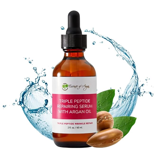 Essence of Argan Triple Peptide Serum for Face with Argan Oil, Aloe Vera, Chamomile, Green Tea and Olive Oil - For Deep Moisturizing and Glowing Skin - 2fl.oz/60ml