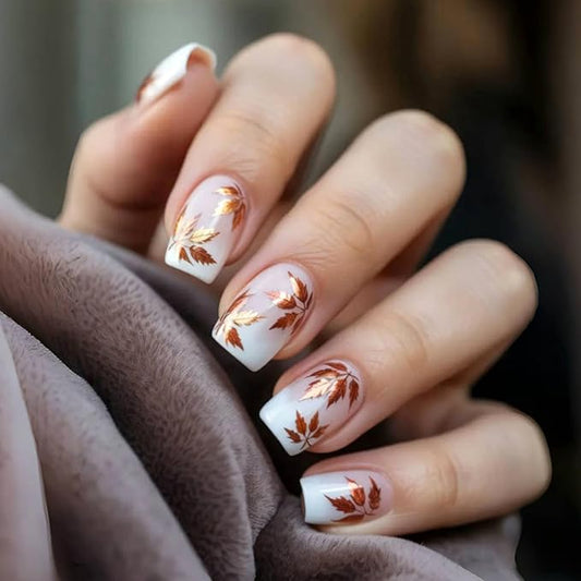 Sparkly Maple Leaf Press on Nails Thanksgiving Medium Square False Nails Glossy Gold Glitter Acrylic Fake Nail 24Pcs Fall Leaves Stick on Fingernails Autumn Gel Glue on Nail for Coquette Women Girls