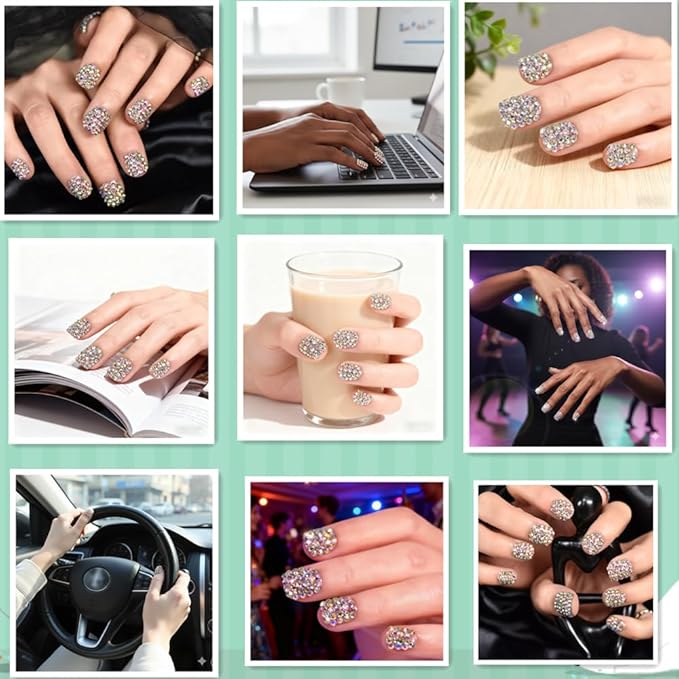 24pcs Handmade 3D Rhinestones Press On Nails Square Short Nails Women Girls Gifts Salon Manicure Shiny Crystal Nail Art Tips Fake Nails Reusable Acrylic False Nails