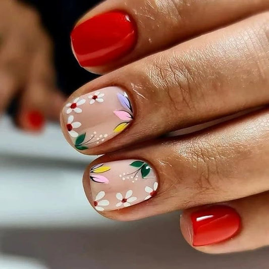 Flowers Press on Nails Short Square Fake Nails Red Spring Acrylic Nails Floral False Nails Glossy Glue on Nails Stick on Nails Cute Artificial Nails for Women Girls Manicure 24Pcs