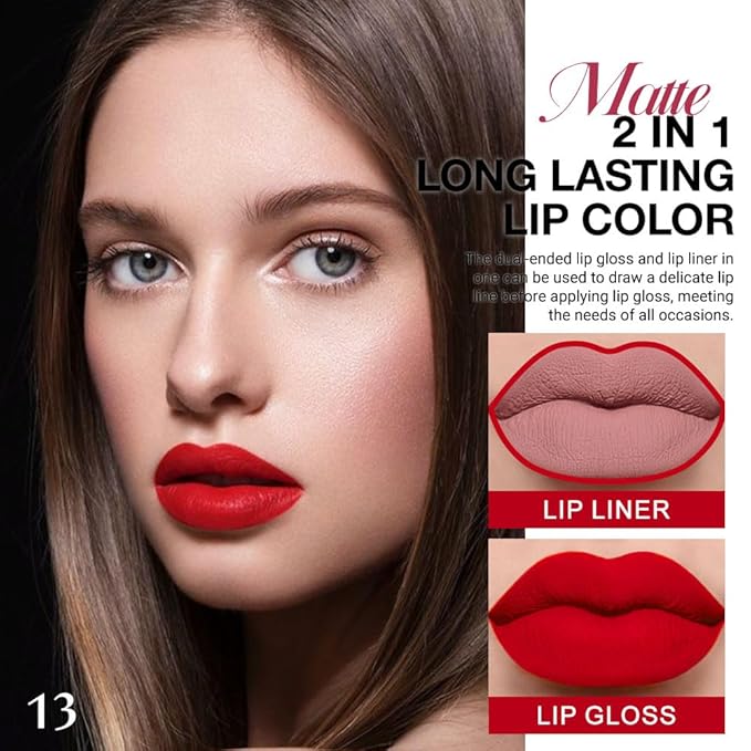 evpct 1Pcs Bright Fire Ruby Red Matte Lip Liner and Liquid Lipstick Stain Makeup Set for women, Red Long Lasting Smudge Proof Lipstick labiales matte mate larga duracion listip 24 hours originales,13#