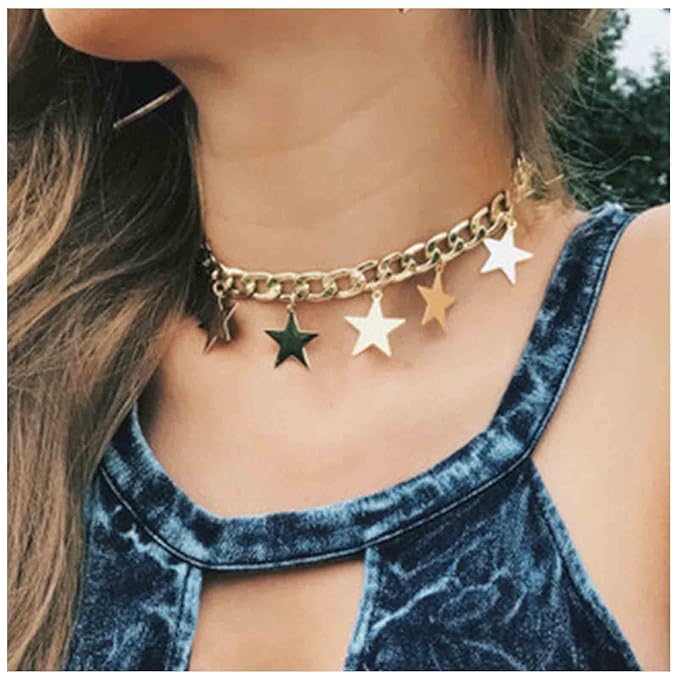 Boho Star Dangle Choker Necklace Gold Chunky Curb Chain Necklace Punk Thick Chain Choker Necklace Minimal Short Chain Necklace Jewelry for Women and Girls