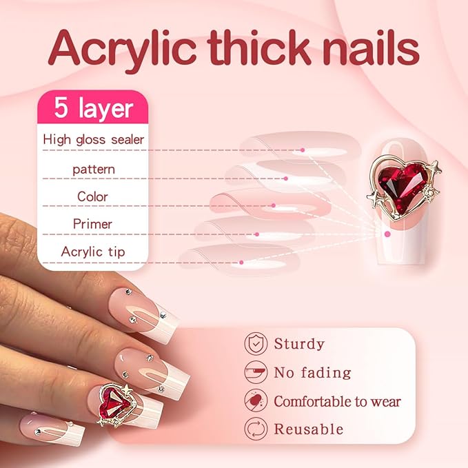 Yivaiks White French Tip Press on Nails Medium Fake Nails With Designs Gem Heart Stick on Nails Full Cover Artificial Nails Press ons Acrylic Nails Kit 24pcs