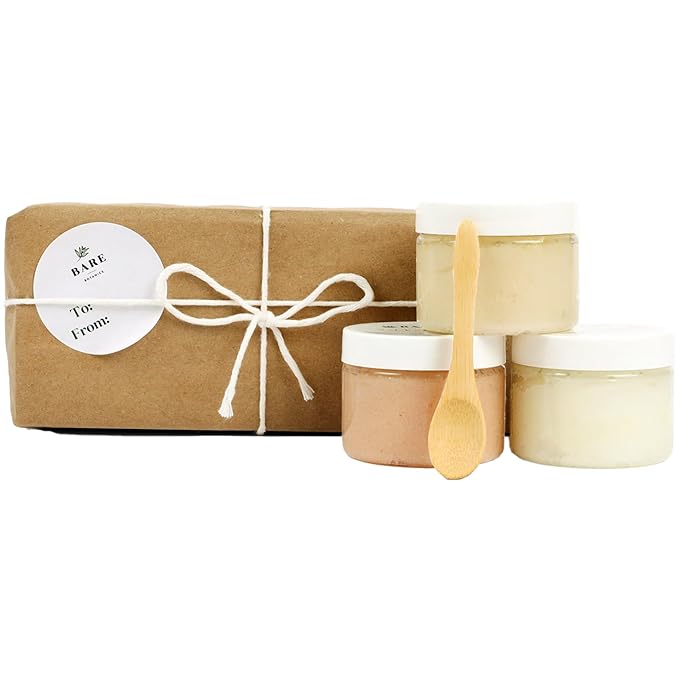 Bare Botanics 3 pc Body Scrub Gift Set - Ready to Gift Naturally Scented Sea Salt Scrub Made in Madison, WI - Formulated w/Skin Loving Moisturizers - Vegan, Cruelty Free Exfoliator w/a Cute Spoon