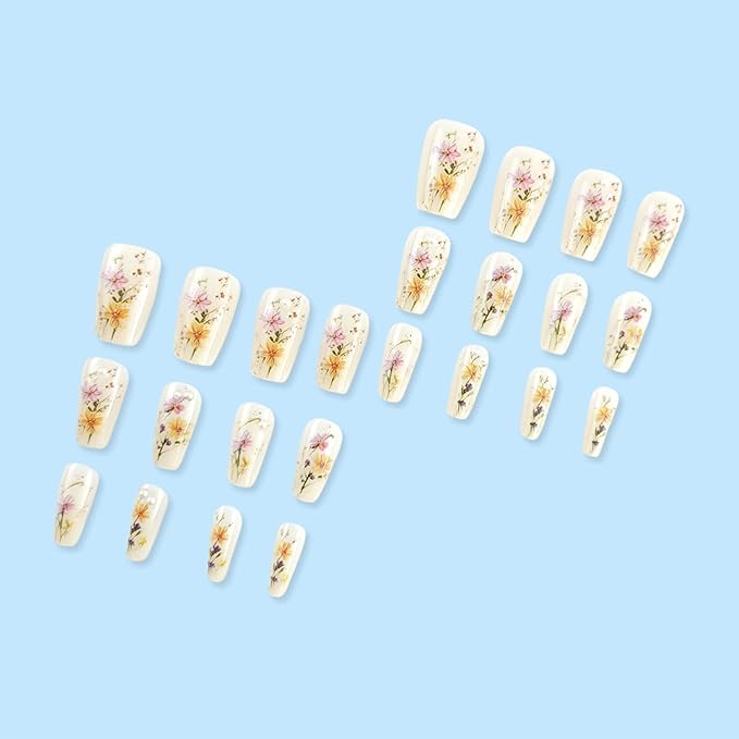 Spring Flowers Press on Nails Glossy Pink Flower Fake Nails 24Pcs Green Leaves Stick on Nails Medium Coffin Acrylic False Nails Pearls Gel Glue on Nails for Coquette Women Girls