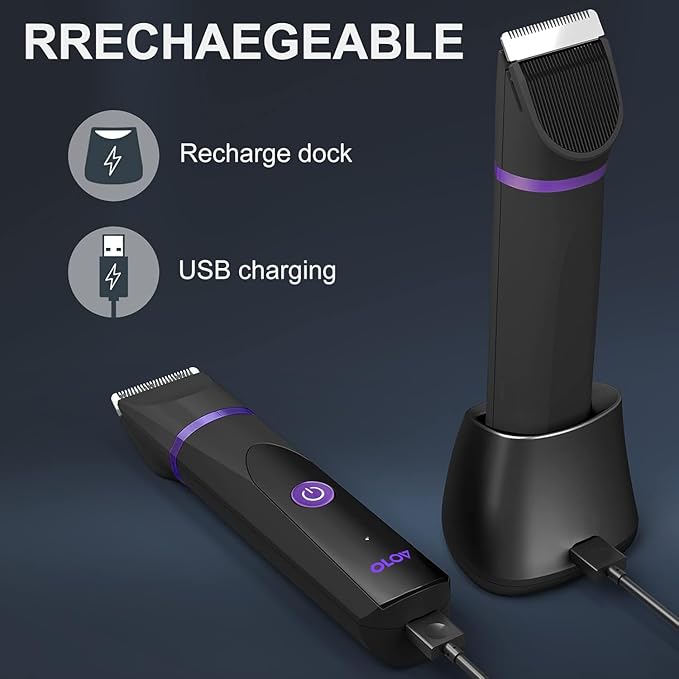OLOV Electric Body Hair Trimmer - Groin Trimmer for Men - Bikini Trimmer Women - Wet/Dry Shaver Groomer, Replaceable Ceramic Blade Heads, USB Recharge Dock, Waterproof Hygiene Razor, Black Violet