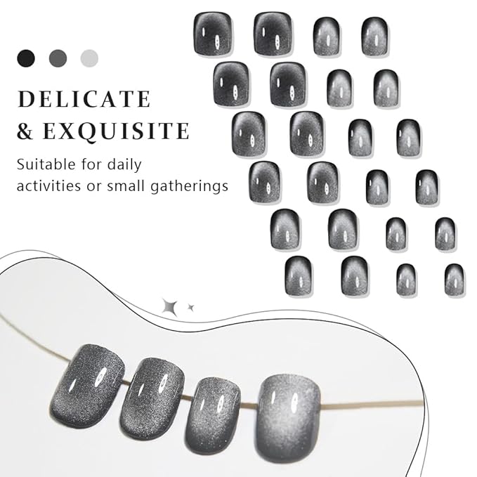 evpct Black Silver Cat Eye Press on Nails Short Square, Short Square Stick Glue on Nails for Women Gift, Silver Grey Gray Metallic Glitter Shimmer Reusable Gel Press on Acrylic Fake Nail with Design