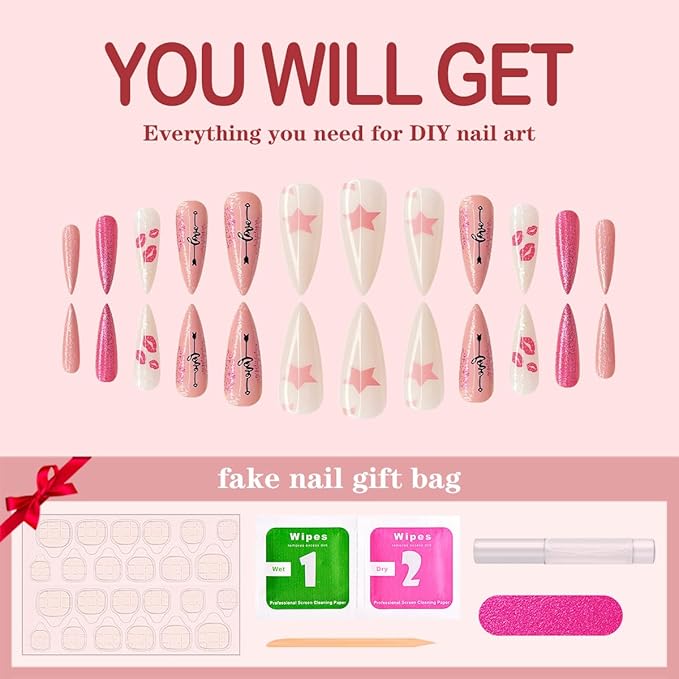 Yivaiks Pink Stiletto Press on Nails Extra Long Fake Nails With Designs Valentines Day Full Cover Artificial Nail Sharp Pointed Glue on Nails Acrylic Stick on False Nail Tips for Women