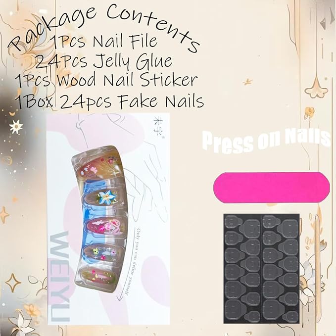 30Pcs Cute Flower Press on Nails Medium Almond Fake Nails Leaf Butterfly False Nails with Bow Rhinestones Design Reusable 3D Floral Acrylic Nail Full Cover Glue on Nail for Women DIY Manicure Decor