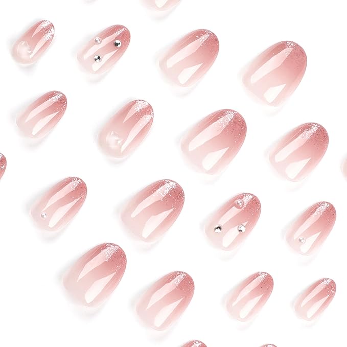 Nude Glitter Cat eye Press-On Nails – 24 Long Oval Nails, 12 Sizes, Pink Sheer Base with Rhinestone Accents, Glossy & Elegant, Includes Tool Kit, Easy DIY