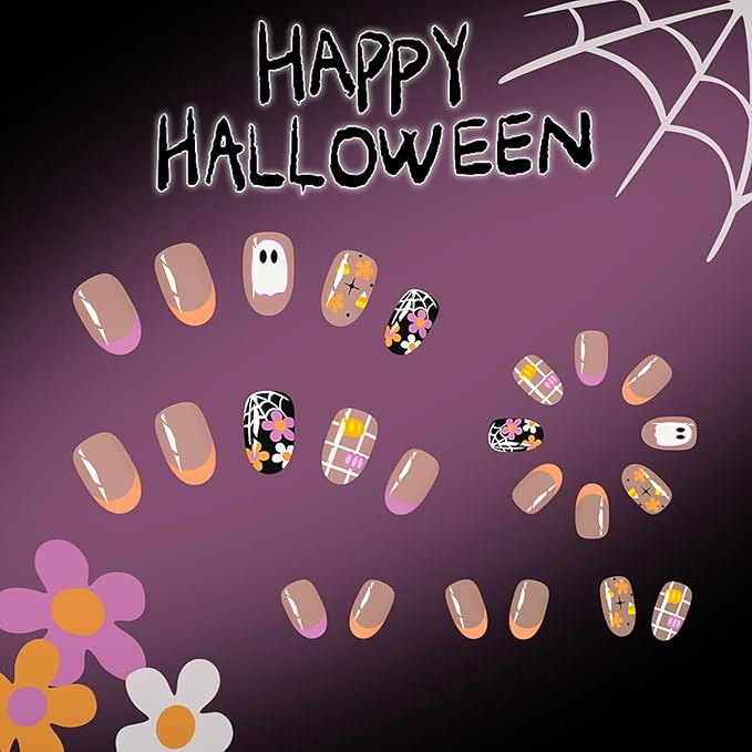 24Pcs French Tip Press on Nails Medium Almond Nails Halloween Fake Nails with Designs Reusable Pumpkin Stick on Nails Spider Web False Nails Ghost Acrylic Nails Cute Flower Glue on Nails for Women