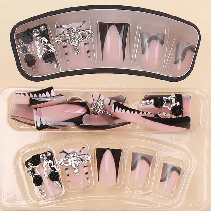 BABALAL Duck Nails Press On Black French Tip Nails 24Pcs Punk Goth Design Acrylic Roses