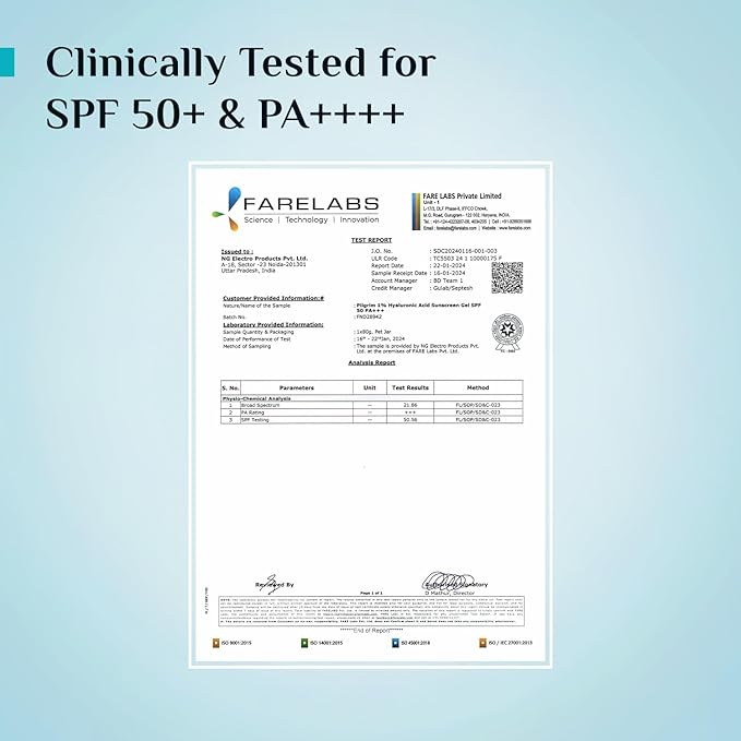 Pilgrim 1% Hyaluronic Acid Sunscreen Gel SPF 50 PA+++ | Broad Spectrum UVA/UVB & Blue Light Protection | Lightweight, Non-Greasy, Fast-Absorbing, Hydrating Aqua Gel | Face & Body | 1.76 Oz (50gm)