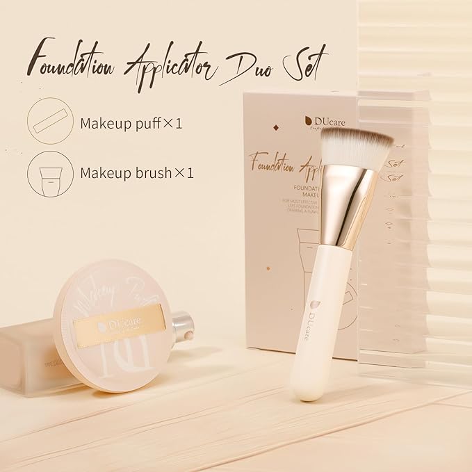 DUcare Foundation Brush for Liquid Makeup, Flat Top Professional Kabuki Brush with Puff Buffing Blending Mineral Powder Large Makeup Face Brush