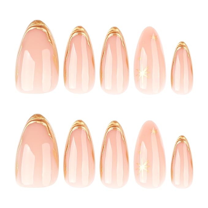 24pcs Gold French Tip Press on Nails Short Almond Fake Nails with 3D Gold Stripe Designs Star False Nails Glue on Nails French Full Cover Acrylic Nails Stick on Nails for Women Nail Decoration