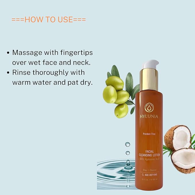 Hylunia Skincare Gentle Cleansing Lotion 5.1 oz with Hyaluronic Acid & Olive Oil Squalene – Hydrating, Non-Drying, pH Balanced Facial Cleanser for Sensitive & Mature Skin, Makeup Remover