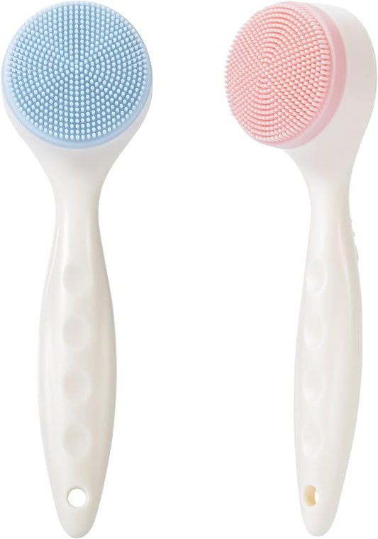 2 Pack Silicone Face Scrubber Exfoliating Brush, Manual Handheld Facial Cleansing Brush Blackhead Scrubber, Soft Bristles Waterproof for Face Skincare (Round-Blue Head+Pink Head)