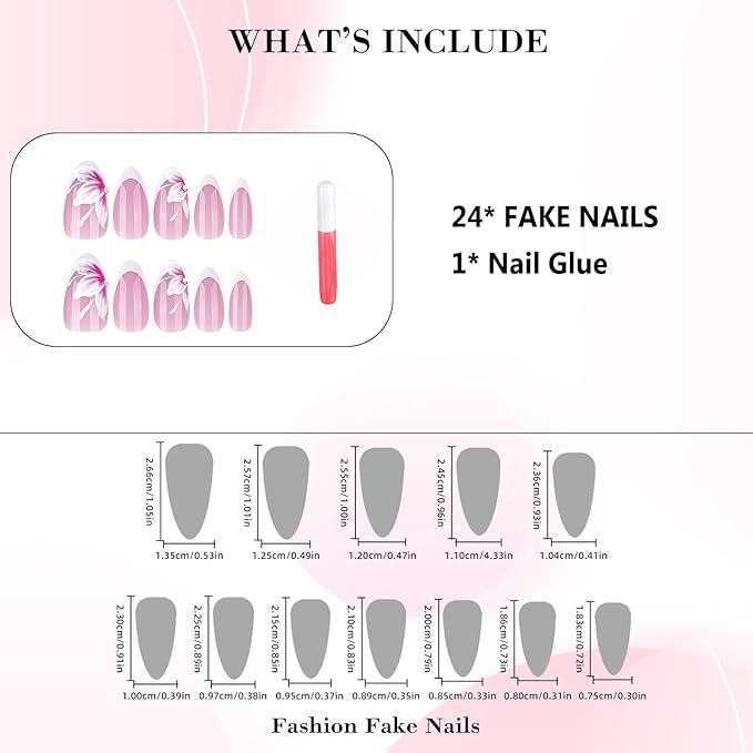 IMRAIN Medium Almond Press on Nails White French Tips Fake Nails with Pink Flower Designs Glossy Gel Glue on Nails Full Cover Spring Floral Acrylic False Nails Stick on Nails for Women 24Pcs