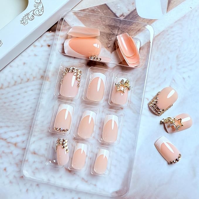 French Tip Press on Nails Short Square Fake Nails with 3D Rhinestone Designs Glossy Pink False Nails Gold Charms Acrylic Nails Press on Artificial Nail Tips Full Cover Glue on Nails for Women 24Pcs