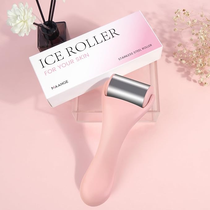 MAANGE Ice Roller for Face 1 Piece Stainless Steel Facial Roller Ice Face Roller for Puffiness,Migraine,Pain Relief and Skin Care (Pink)