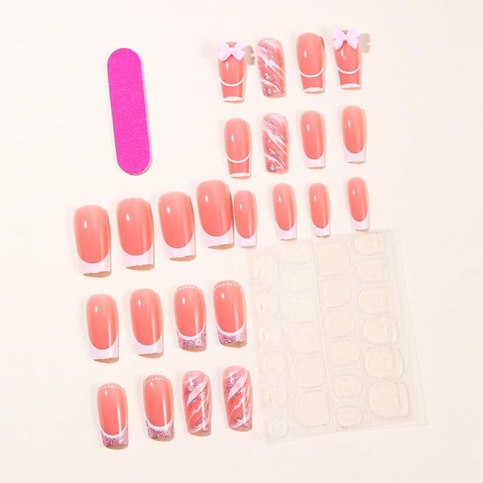 24Pcs French Tip Press on Nails Medium Coffin Fake Nails Bow Charms Acrylic Nails Pink Glitter Nails Tip Artificial False Nails Cute Glue on Nails Glossy Stick on Nails for Women Girls Nail Decoration