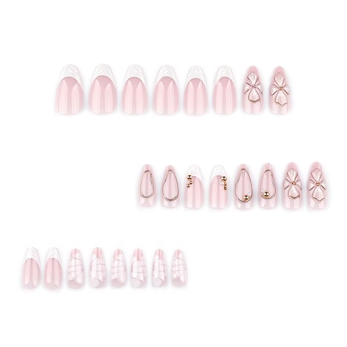 3D Gold Line French Tips Press On Nails Almond Medium, White Flower French Tip Designer Reusable Acrylic Nails Press Ons, Fake Nails With Glue On, Daily Wear Floral False Nails For Women