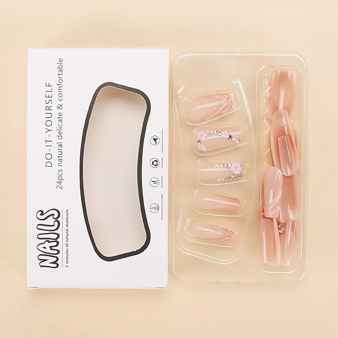 3D Press on Nails Long Square Fake Nails with Rhinestone Accents and Floral Designs Glossy Pink French Tip Glue on Nails Spring Flower Stick on Nails for Women Girls, 24 Pcs
