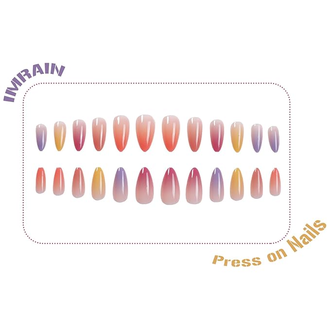 IMRAIN Rainbow Press on Nails Medium Almond Fake Nails Colorful Gradient False Nails with Designs Summer Glossy Glue on Nails Full Cover Acrylic Nail Supplies 24Pcs Stick on Nails