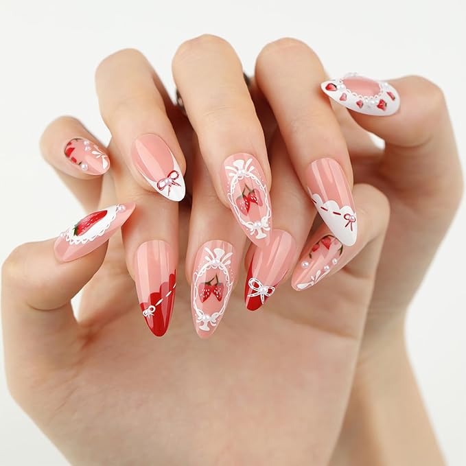 24Pcs Cute Strawberry Press on Nails Medium Almond Fake Nails with 3D Pearl Designs Stick on Nails Bow False Nails Summer Acrylic Nails Sweet Lace Glue on Nails for Women Nail Decoration Supplies