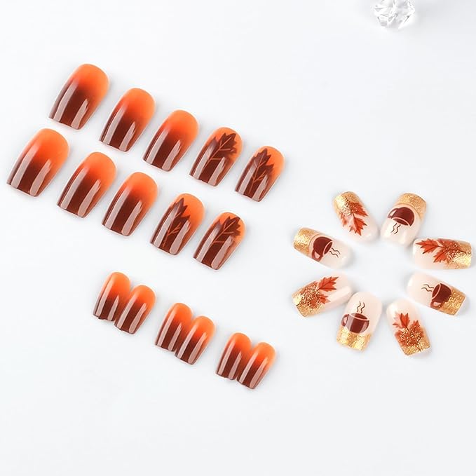 Fall Ombre Press on Nails Medium Square Gold Glitter Acrylic Fake Nails Thanksgiving Maple Leaf False Nails Autumn Coffee Stick on Nail Glossy Brown Gradient Gel Glue on Nail for Women 24Pcs