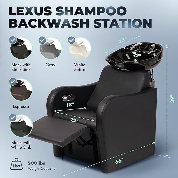 Buy-Rite Lexus Backwash Unit – Salon Shampoo Chair with Tilting Black Porcelain Bowl, Extra Wide Seat, Kick-Out Leg Rest, Neck Rest & Single Handle Faucet – Professional Backwash Station – TS-8018B
