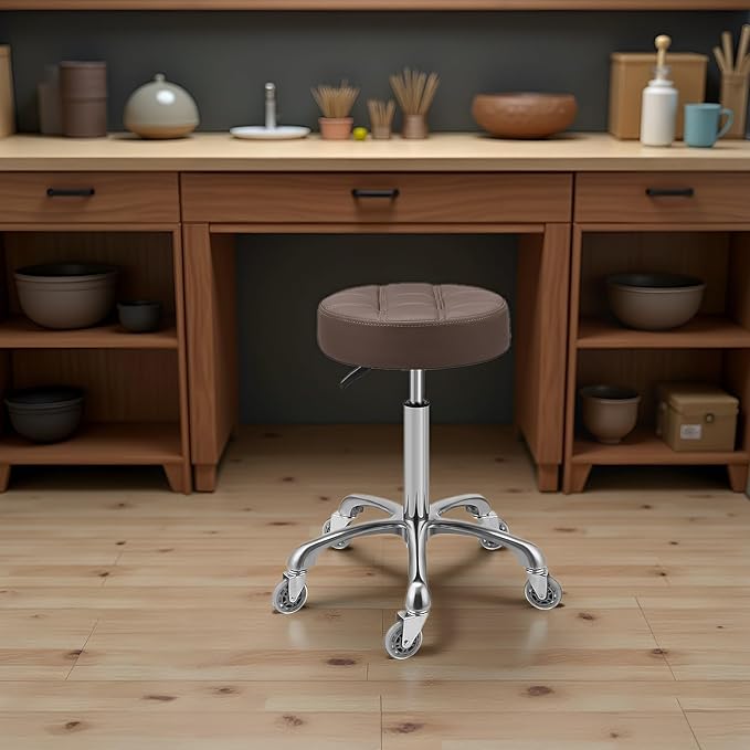 Kaleurrier Adjustable Rolling Stool for Salon: Heavy Duty Swivel Chair with Wheels for Hairdresser Esthetician Lash Tech - Spa Home Office Kitchen Dental Tattoo Shop Use - Seat Height 22”-30” - Brown