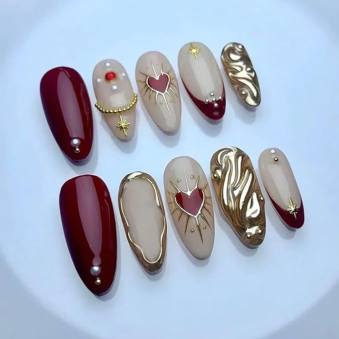 24Pcs Gold Press on Nails Medium Almond Fake Nails 3D Star Heart with Rhinestones Glitter Designs Full Cover Stick on Nails Red French Tip False Nails for Women Girls Acrylic Manicure Decorations