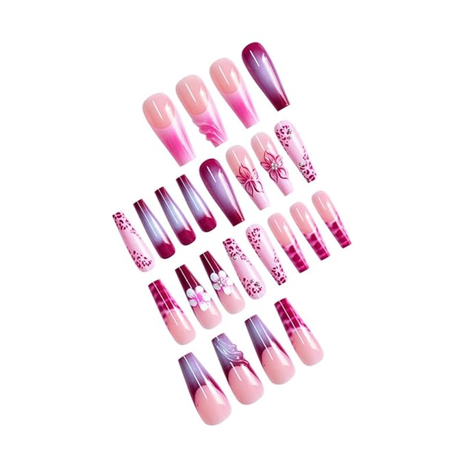 Long Press on Nails Coffin Fake Nails with Pink Floral DesignsFalse Nails French Artificial Nails Purple Stick on Nails for Women 24pcs
