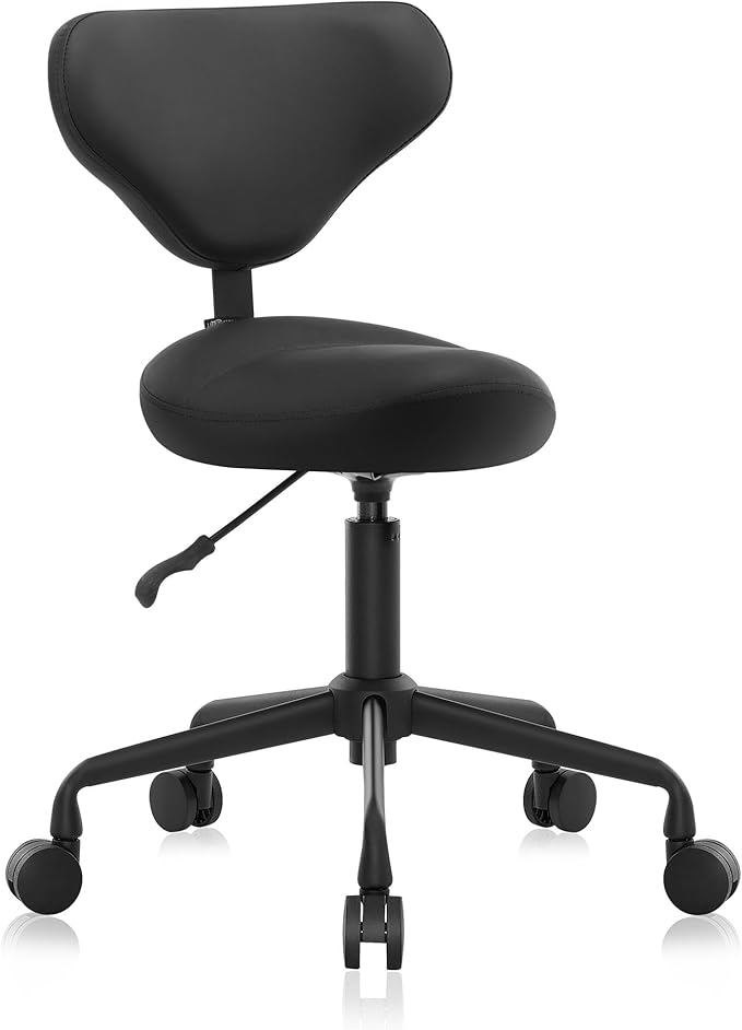 Ergonomic Saddle Seat Adjustable Pneumatic Hydraulic Drafting Swivel Rolling Stool Chair for Medical Hygienic SPA Massage Salon Home and Office - Hilo 508 (Black, with Backrest)