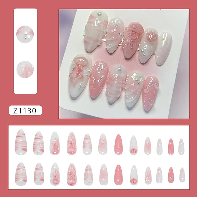 24PCS Summer Press on Nails Almond Fake Nails with 3D Shell Pattern Jellyfish Pearl Press on Fake Nail Full Cover Stick on Nails Handmade Press on Nails Art Decoration for Women