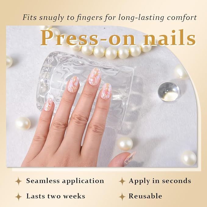 3D Handmade Aurora Press On Nails Ovale Short 24 Pcs, Chameleon Line Designer Reusable Acrylic Fake Nails with Glue On Nails, Wedding and Party, Daily wear Stick On Nails for Women Gift