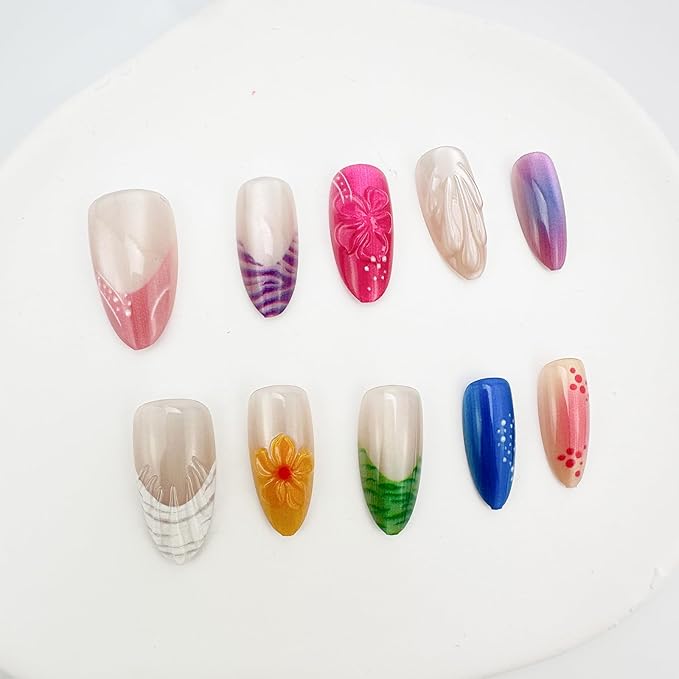 30Pcs Colorful Summer Press on Nails Medium Almond Fake Nails with 3D Shell Design Pink White Purple French Tip False Nails Y2K Blush Glitter Full Cover Glossy Stick on Nails for Women Decor